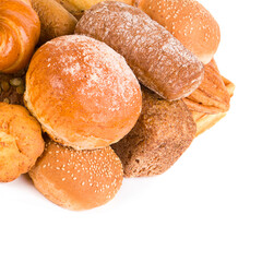 Bread, ciabatta ,baguette and sweet pastries isolated on white . Free space for text.