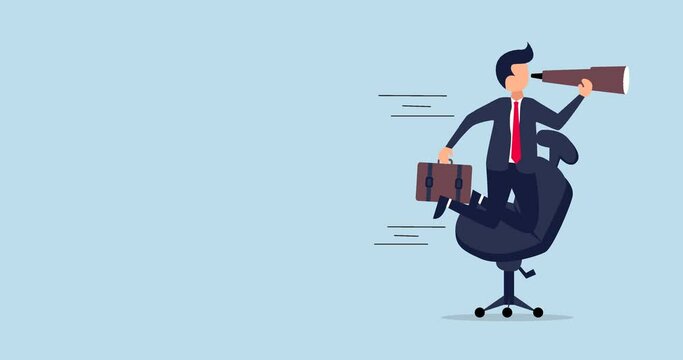 4k Career future animation, new job opportunity or visionary to success in work concept. businessman riding office chair using telescope to see future and the way forward.