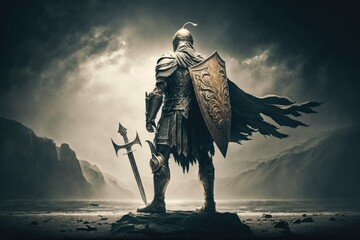guardian warrior with shield and sword stands on battlefield, created with generative ai