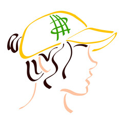 stylish girl in a yellow cap with dark hair gathered at the back of her head
