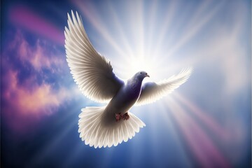 Fototapeta premium dove of peace with beautiful cloud and sun rays generative ai