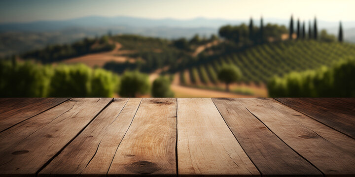 An empty wooden table for product display. blurred french vineyard in the background. Generative ai