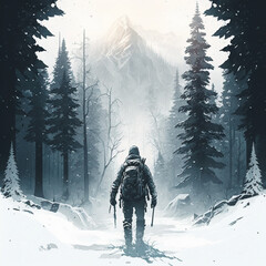 landscape man in snow wallpaper - Generative AI