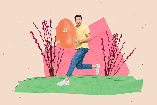 Creative composite collage photo of young funny active guy running hold colored orange easter egg tradition feast isolated on drawing background