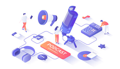 Start Your Podcast. Audio recording, live streaming, broadcast. Podcasting equipment and APP - studio microphone on a stand, headphones, mixer. Isometry illustration with people scene for web graphic.