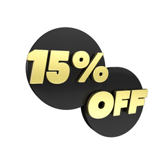 Gold 15% Off Text with Black circles Background for Sale Promotions. 3d render illustration.