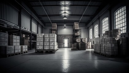 An industrial warehouse in the early morning, with workers arriving to start their shifts and the sound of machinery beginning to hum