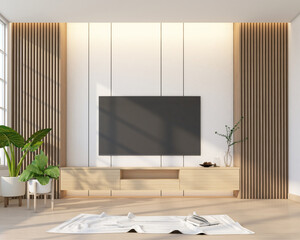 Japanese style living room with minimalist wooden tv cabinet and wooden slatted wall. 3D rendering © Phongphan