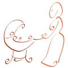 mom walking with toddler in a baby stroller, abstract creative pattern with curls and heart