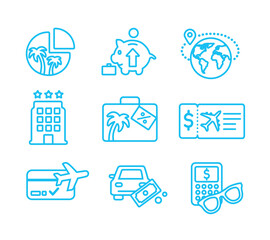 Travel budget icons. Vacation money expenses - Line icon vector set with editable stroke