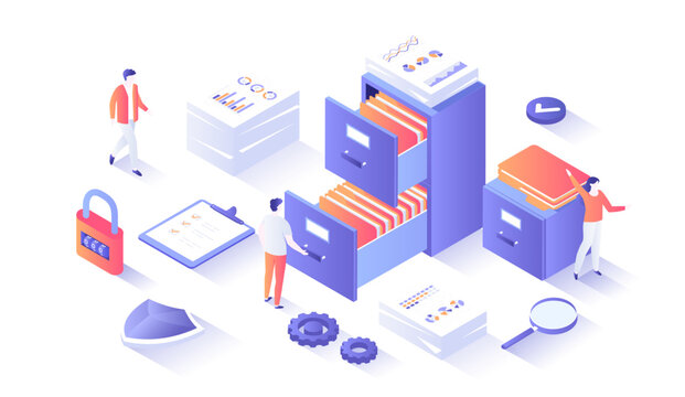 File organization service. Document archiving concept. Organized data storage system. Drawers with folders and documents. Isometry illustration with people scene for web graphic.