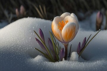 Spring crocus flower blooming in snow