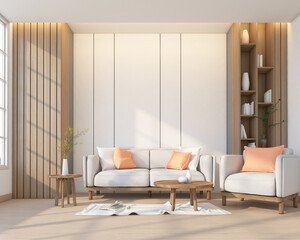 Japan style living room with minimalist sofa and armchair. wood bookshelf and white wall. 3d rendering