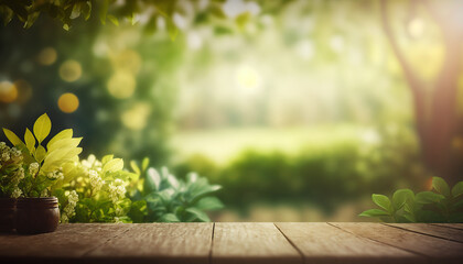 Easter themed background. Lush surroundings, blossoms and a wooden table with space for products and copy. Defocused bokeh lights. Created with Generative AI.