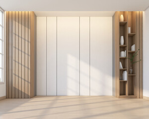 Minimalism empty room with wood bookshelf and white wall. 3d rendering