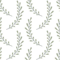 Vector seamless doodle floral pattern with green branches on a white background