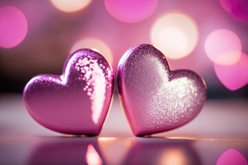 Fototapeta premium Two Pink Hearts on Bokeh Background with Copy Space for Text. Generative AI.