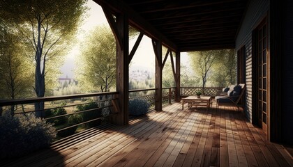 Fototapeta na wymiar Modern wooden terrace close to nature