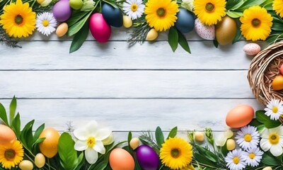 yellow flowers, sunflower, frame of plants and eggs with flowers, AI generated white wooden background