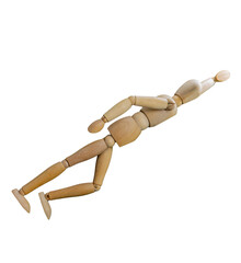 Wooden jointed figure posed as flying superhero 