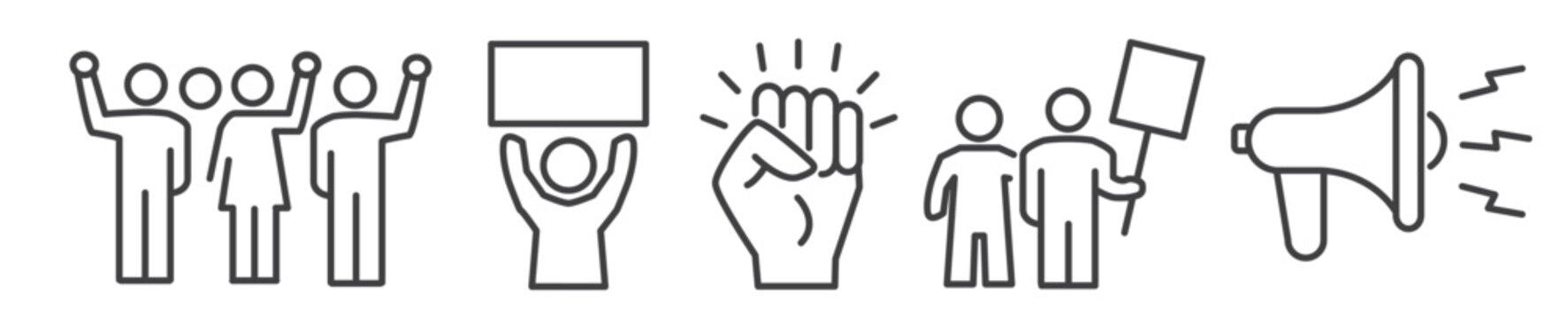 people with placards and raised up fists - set of protest icons