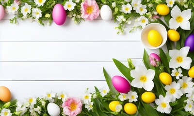 flower arrangement, flower frame with plants and easter eggs, spring flowers border, flowers and easter eggs on white wooden background. AI generated