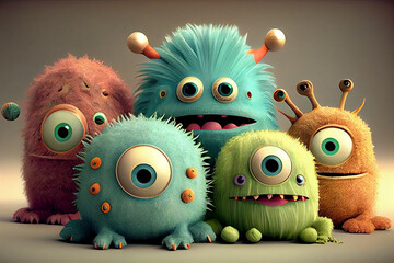 grupo de monstruos infantiles  de diferentes colores en 3D - obrazy, fototapety, plakaty