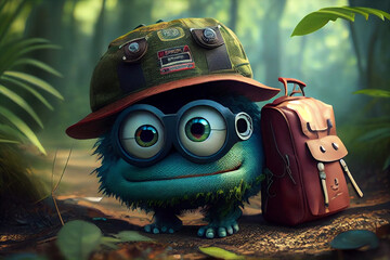 monstruo infantil de color azul con gafas y sombrero de explorador en una bosque sonriendo en 3D