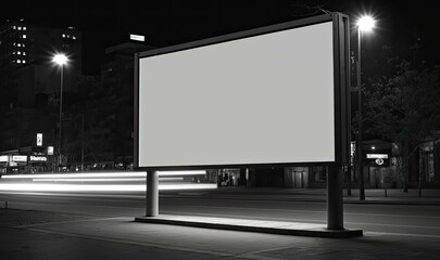 Black Billboard Mockup on Street at Night. Generative AI. 