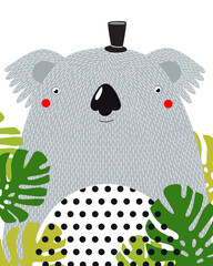Print. Poster. cartoon koala. white background. Cartoon character. Beautiful koala