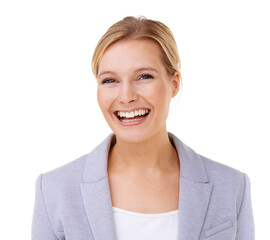 Business sass. Head and shoulders shot of a pretty blonde facing frontward and smiling.