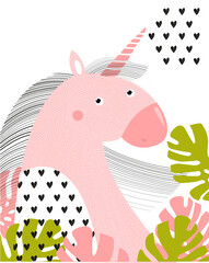 Poster with cute unicorn. Fairy animal. Dneor for girls. Cartoon character. Happy birthday. Postcard, poster, invitation, cover