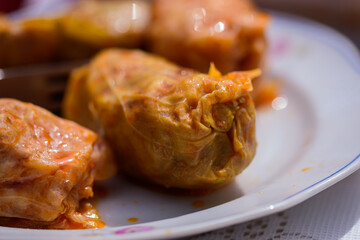 Close-up shot of cabbage rolls with beef, traditional Romanian food