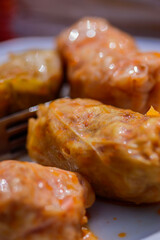 Vertical close-up shot of cabbage rolls with beef, traditional Romanian food
