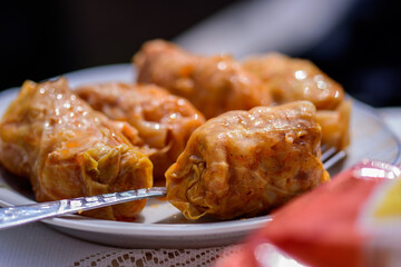 Close-up shot of cabbage rolls with beef, traditional Romanian food