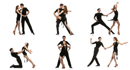 Fototapeta na wymiar Collage. Stylish expressive young people in black stage costumes dancing, performing tango isolated over white background. Concept of art of movements, classical dance, retro fashion, culture