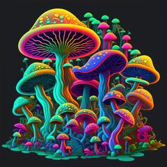 Trippy Mushrooms Neon Composition, A dawn lit field full of magical bioluminescence neon magic mushrooms ready for a psychedelic experience. Generative AI