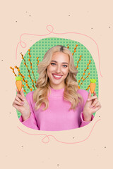 Photo of sweet charming pretty attractive young lady hold sugar confectionery baked biscuits mini carrots easter holiday isolated on pink background