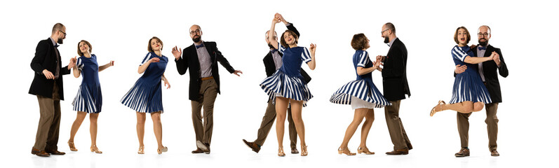 Obraz premium Collage. Expressive man and woman in retro style clothes, vintage outfit dancing rock-and-roll isolated on white background. Concept of art of movements, classical dance, retro fashion, culture