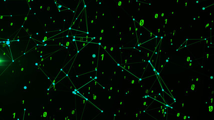 Green Spinning code matrix particle digital motion light luminance illustration night background, artistic space technology speed matrix magic effect background.