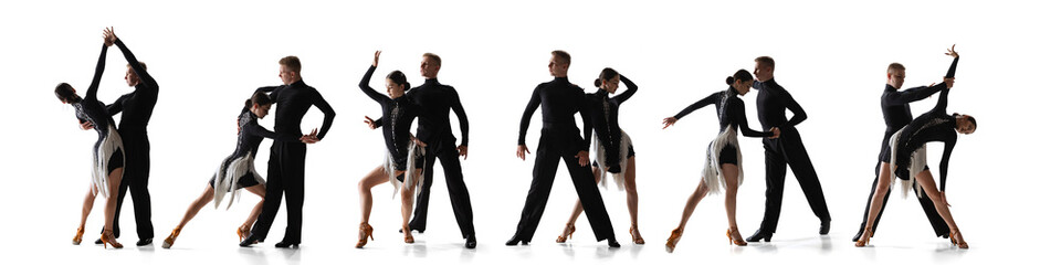 Collage. Stylish beautiful young people, man and woman in black outfits dancing tango and ballroom...