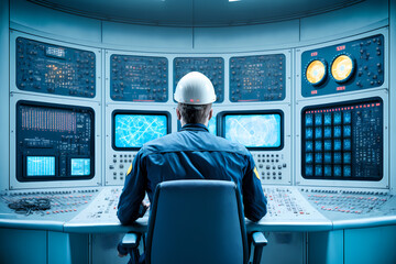 Electrical station, Central control panel of nuclear power plant reactor. Engineer at work back view, blue color. Generation AI. - obrazy, fototapety, plakaty