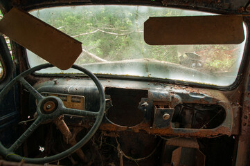 An abandoned rusty truck with broken windows in the woods