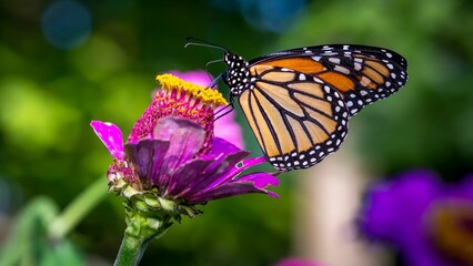 Closeup of a beautiful Monarch butterfly on a flower under the sunlight