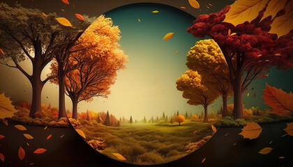 Generative AI illustration of colorful autumn trees with round shaped frame