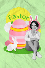 Vertical composite collage photo of young girl touch cheek sitting with bunny ears striped drawn ornament egg easter isolated on green background