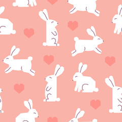 Seamless pattern with Easter rabbits and hearts. Cutout white bunnies on pink background.