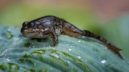 Macro shot of a baby frog sitting on a wet leaf with small water drops on it