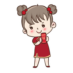 Cute girl in red dress, Chinese new year on transparent backgound.