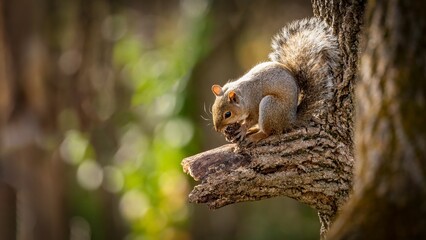 Closeup shot of an adorable and cute squirrel on the tree